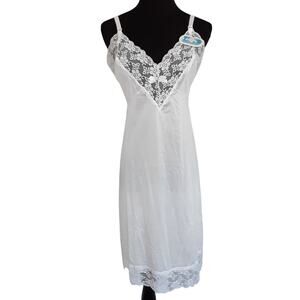 Vintage 1970s Satin Slip Dress Midi White Sheer Lace Nightgown Coquette Chemise